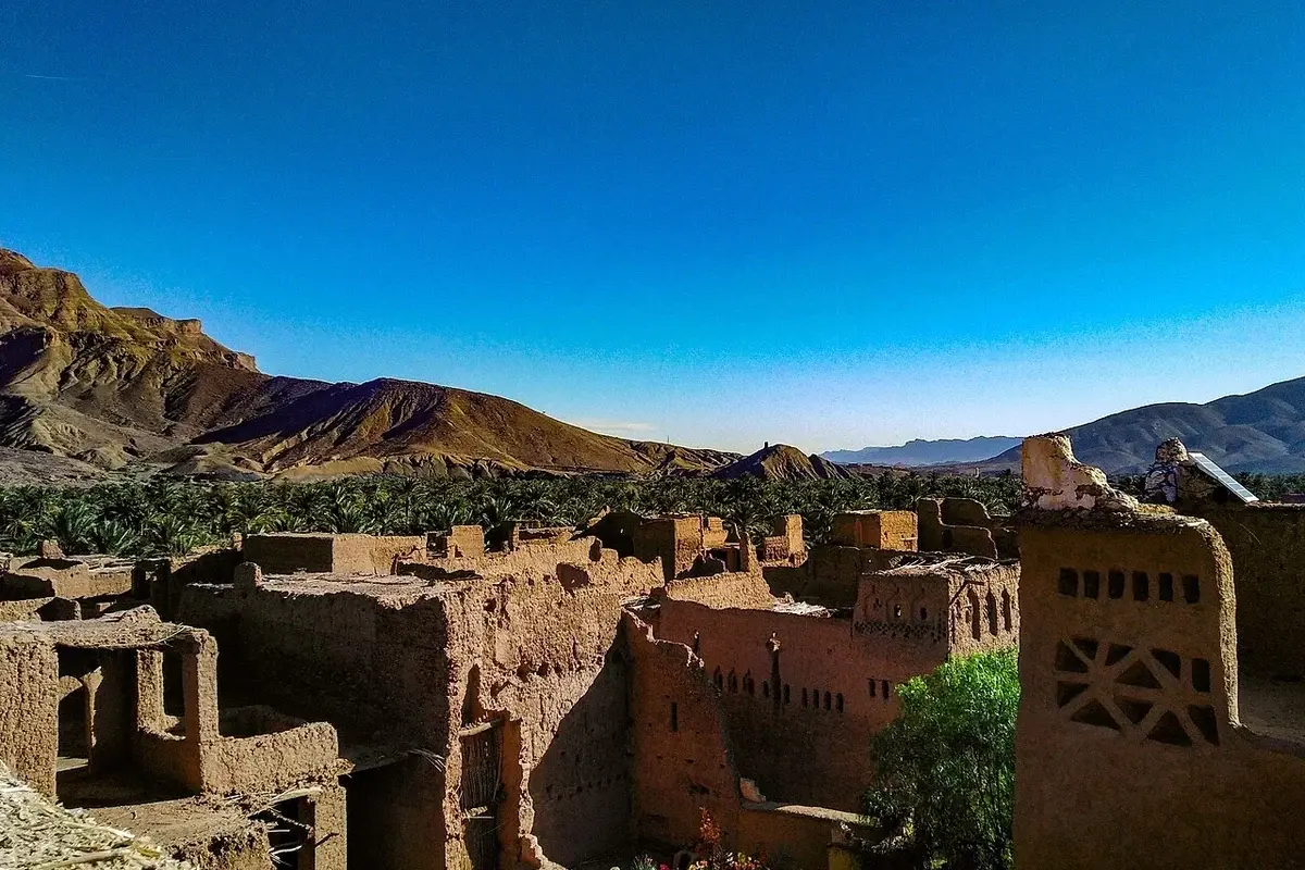 Earthen settlement and palms in the Draa Valley
