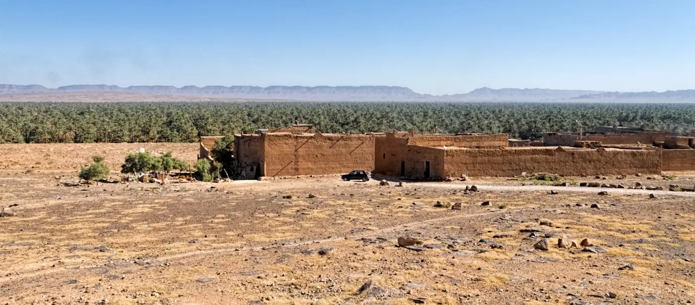 Palmgebiet und erdgebauter Ort im Draa-Tal
