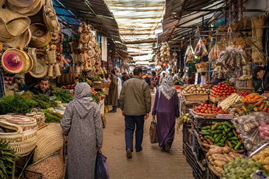 Colorful produce and local shoppers inside Souk El Had in Agadir