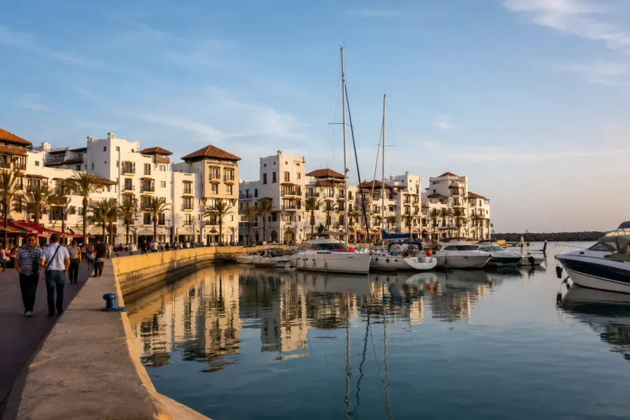 Sailboats and white waterfront buildings reflected in Agadir Marina