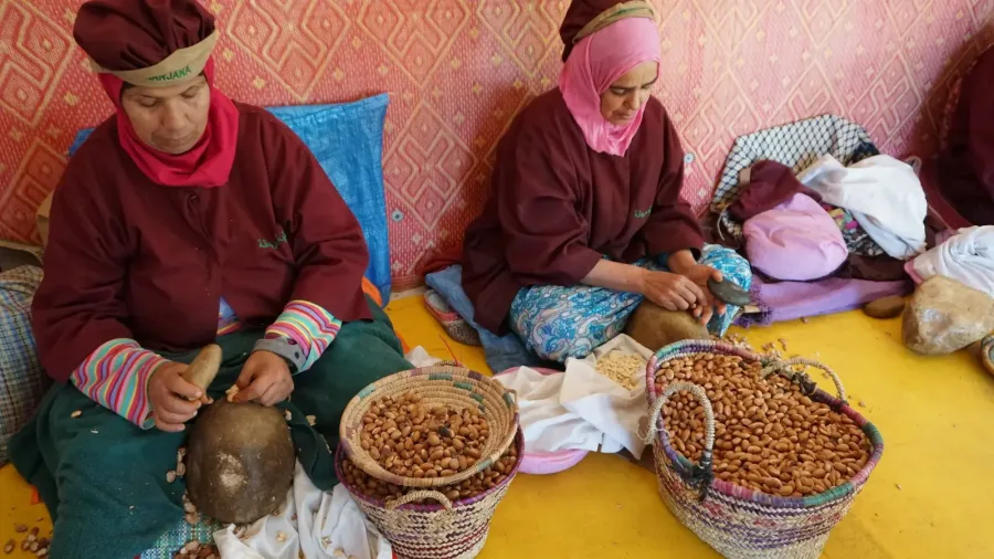 Women preparing argan nuts by hand at a cooperative near Essaouira