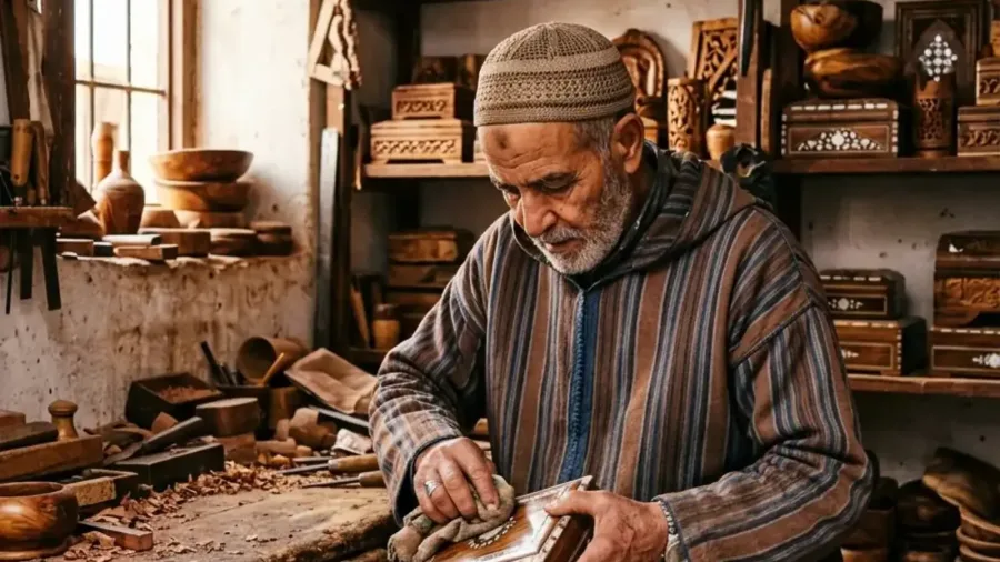 Essaouira artisan polishing an inlaid thuya wood box in his workshop