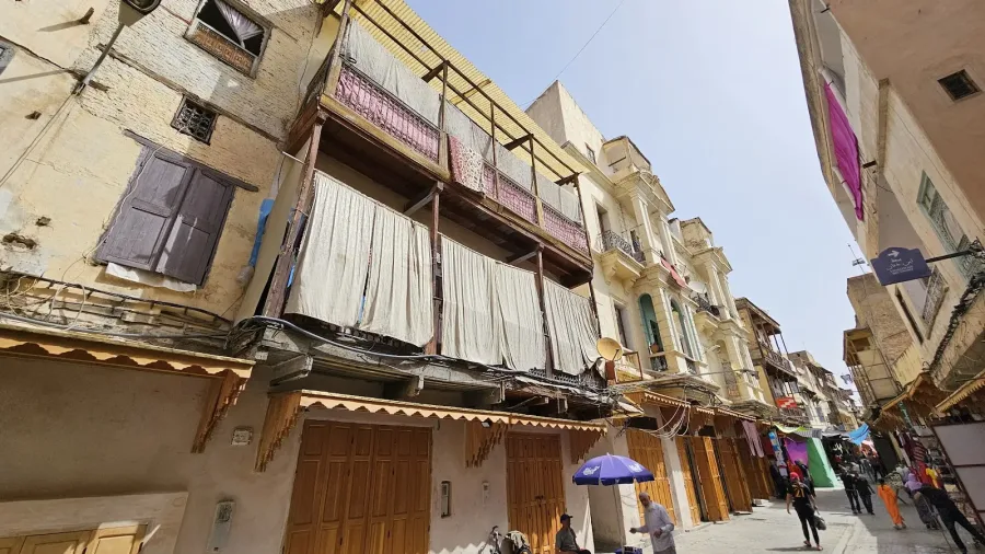 Traditional street and balconies in the historic Mellah of Fes