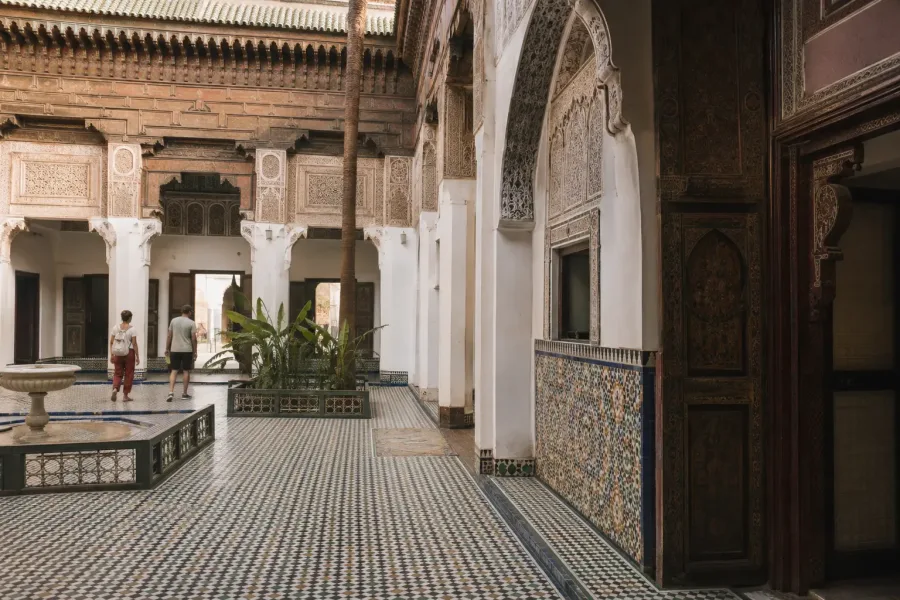 Decorated courtyard and zellige tilework inside Bahia Palace