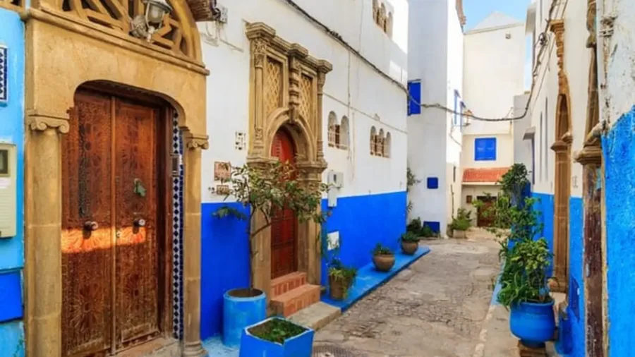 Blue and white residential alley inside Rabat Medina