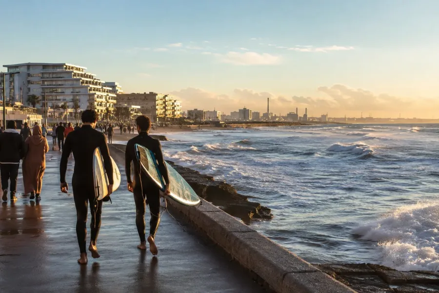 Viaggiatori sulla costa atlantica al tramonto ad Ain Diab Casablanca